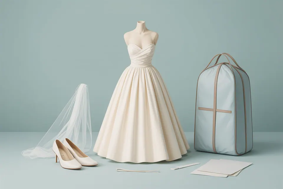 Ivory dress on a dress form beside shoes, a sheer veil and a pale blue garment bag.