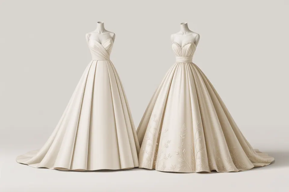 Ivory gowns with draped bodices and flared skirts displayed side by side on dress forms.