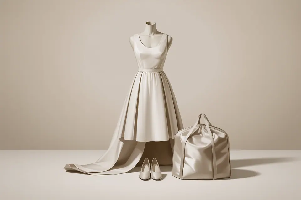 Ivory dress with a short front and trailing back beside shoes and a fabric bag.