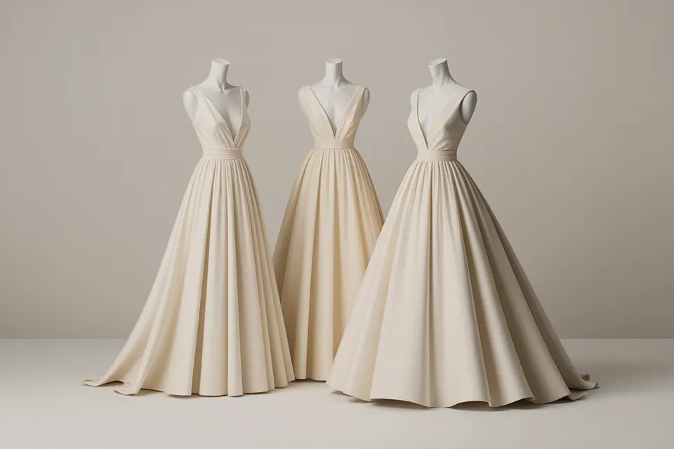 Ivory gowns with varied bodices and skirt fullness displayed on dress forms.