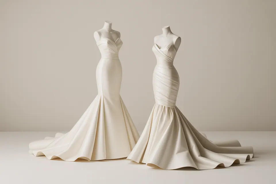 Fitted ivory gowns with flared lower skirts and trailing hems on dress forms.