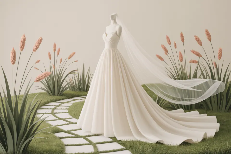 Ivory gown and flowing veil on a dress form beside a garden path and grasses.