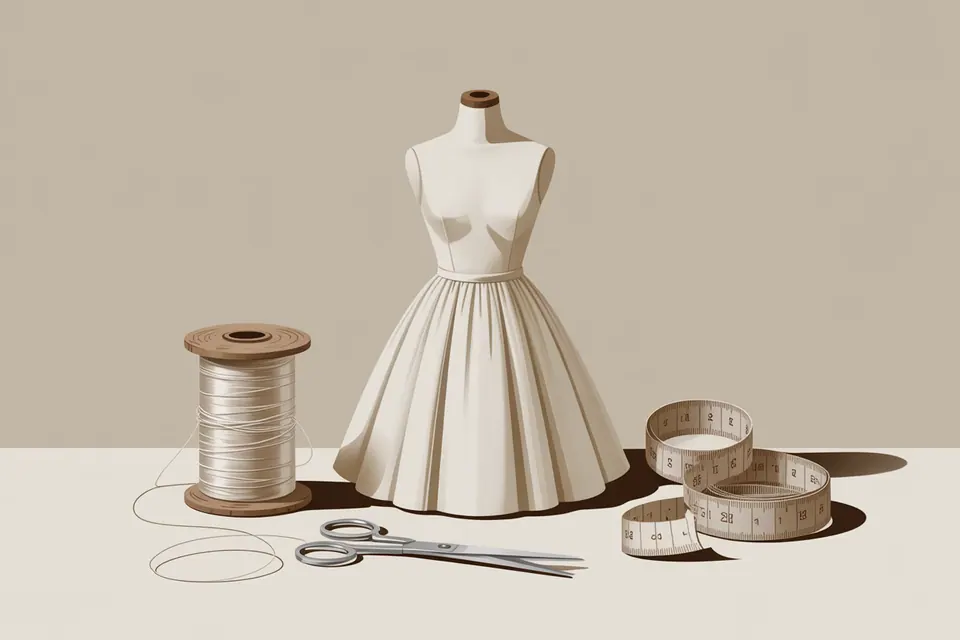 Ivory dress on a small form beside thread, scissors and a measuring tape.