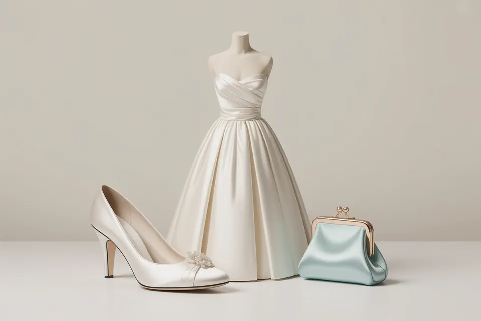 Ivory dress on a dress form beside a plain bridal shoe and pale blue purse.