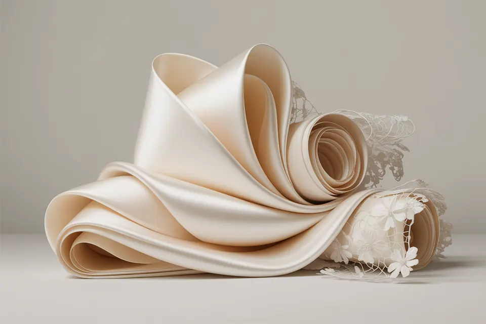 Folded and rolled ivory fabric with smooth surfaces and floral lace.