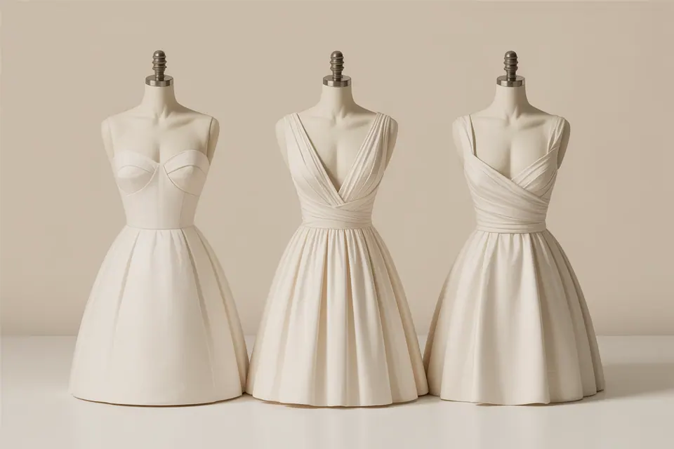 Ivory dresses with curved, plunging and draped necklines on dress forms.