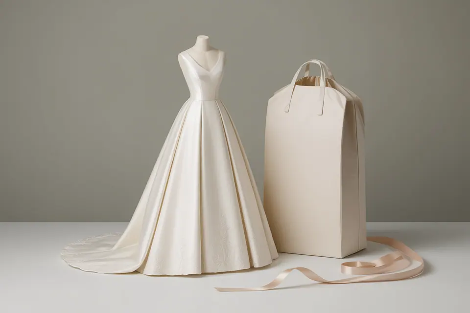 Ivory gown with a trailing hem beside a plain carrying bag and ribbon.