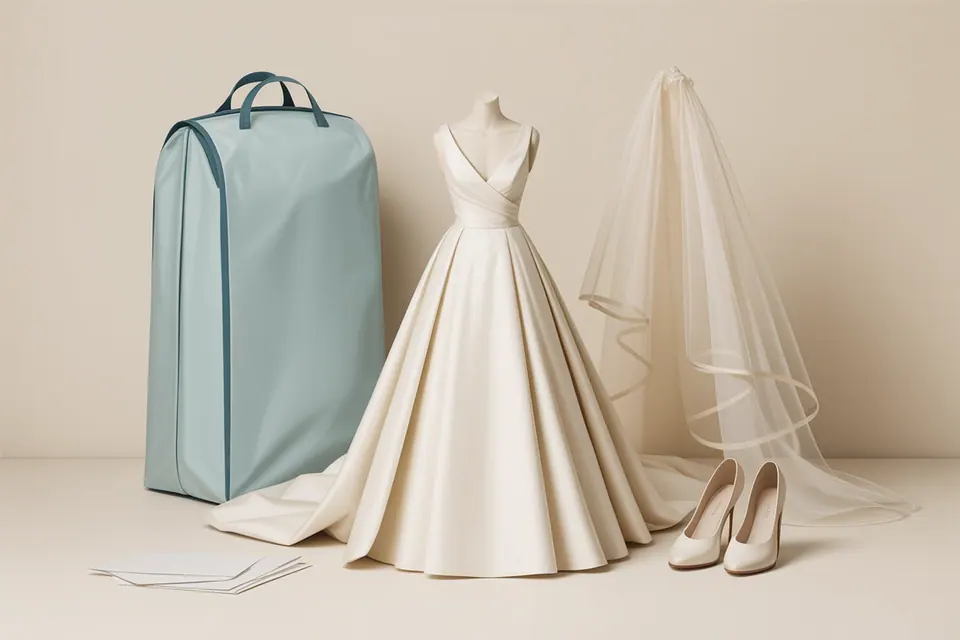 Ivory gown on a dress form beside a pale blue garment bag, hanging veil and shoes.