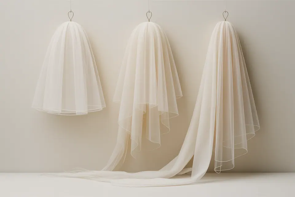 Sheer ivory veils of different lengths hanging from hooks.
