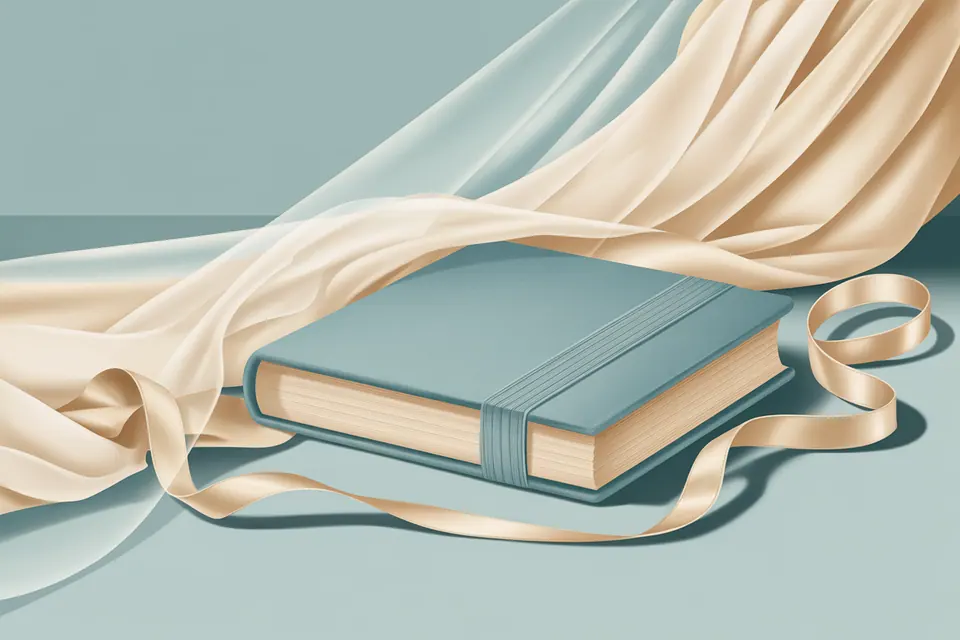 Closed pale blue book beside draped ivory fabric and ribbon.