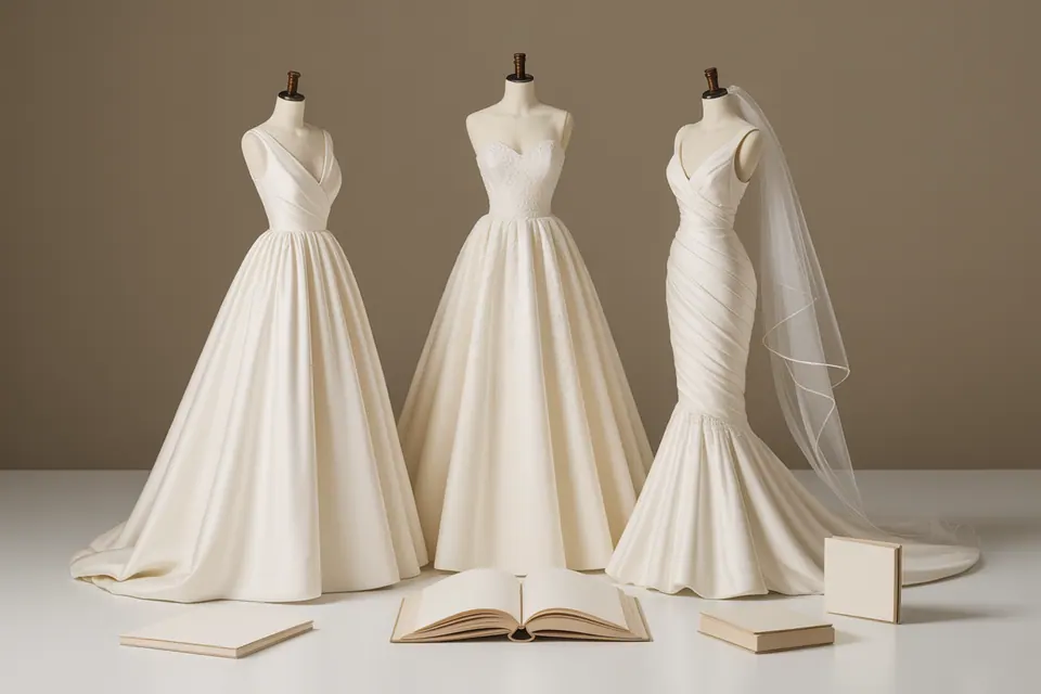 Ivory gowns on dress forms with a draped veil, open book and small boxes.