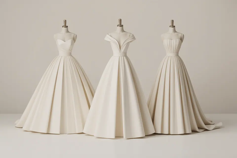 Full-skirted ivory gowns with varied necklines on dress forms.